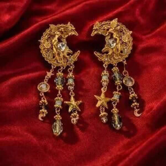 Jewelry - Vintage Antique Victorian Celestial Moon Dragon Earrings Y2K Minimalist